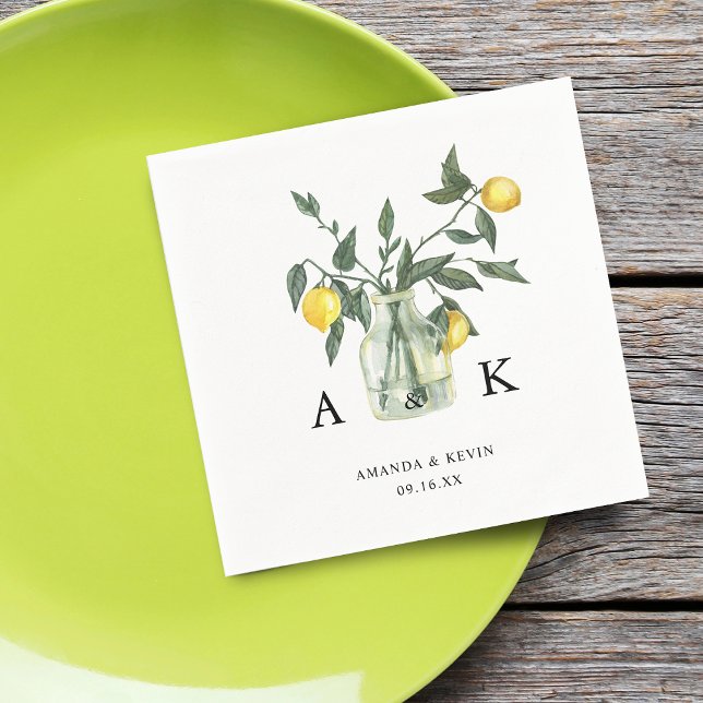 Summer Citrus Lemon Greenery Monogram Wedding Napkin (Summer Citrus Lemon Greenery Monogram Wedding Napkins)