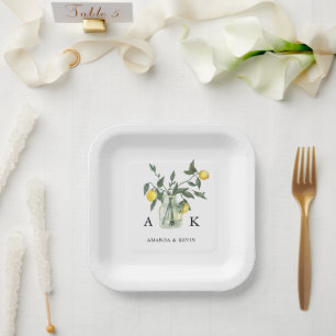 Summer Citrus Lemon Greenery Monogram Wedding Paper Plate