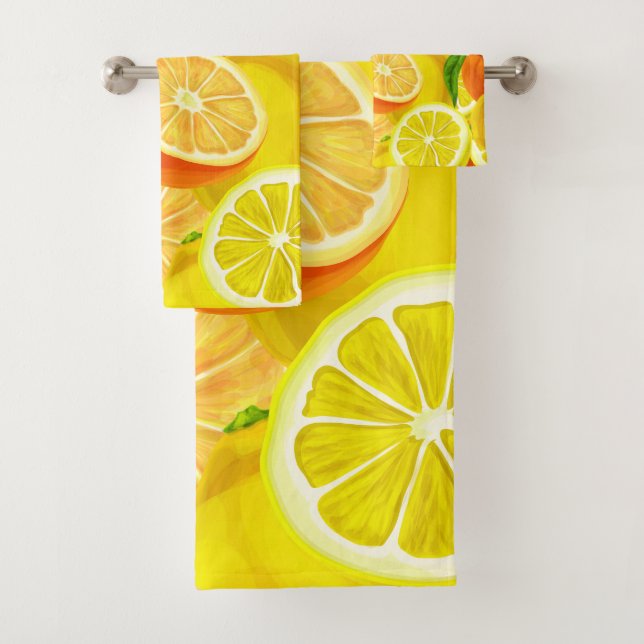 Summer Citrus Lemons & Oranges WhimsicalArtwork™ Bath Towel Set (Insitu)