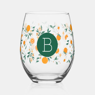 Summer Citrus Oranges & Foliage Monogram Stemless Wine Glass
