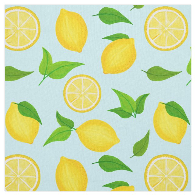 Summer Citrus Yellow Lemons and Leaves Pastel Blue Fabric (Swatch)