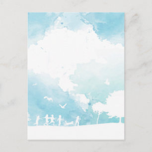 Summer Clouds Blue Sky Children Playing Watercolor Postcard