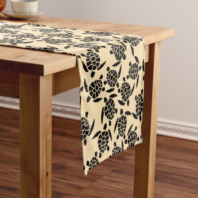 Summer coastal style repeating turtle pattern short table runner (In Situ)
