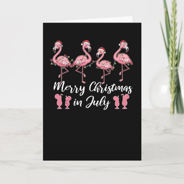 Summer Cocktail Merry Christmas In July Flamingo Card (Front)