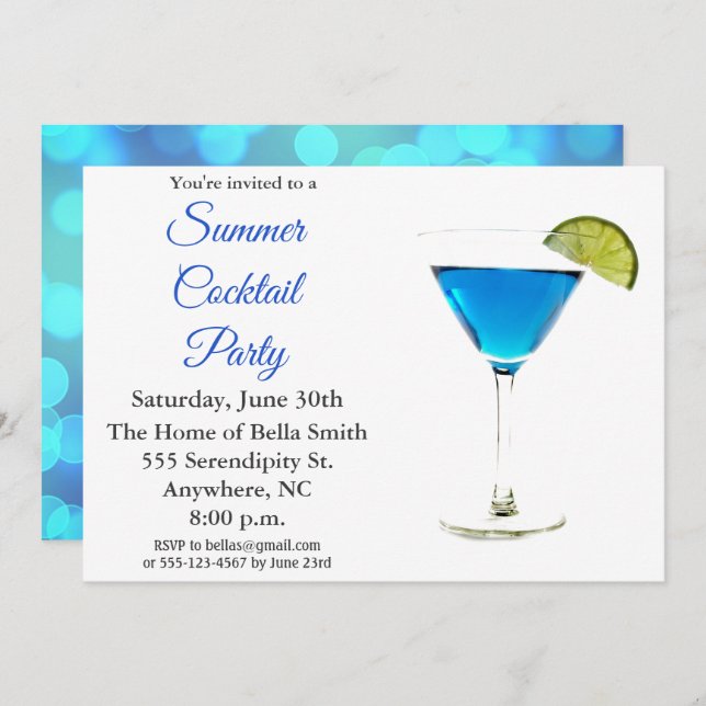 Summer Cocktail Party Blue Invitation (Front/Back)