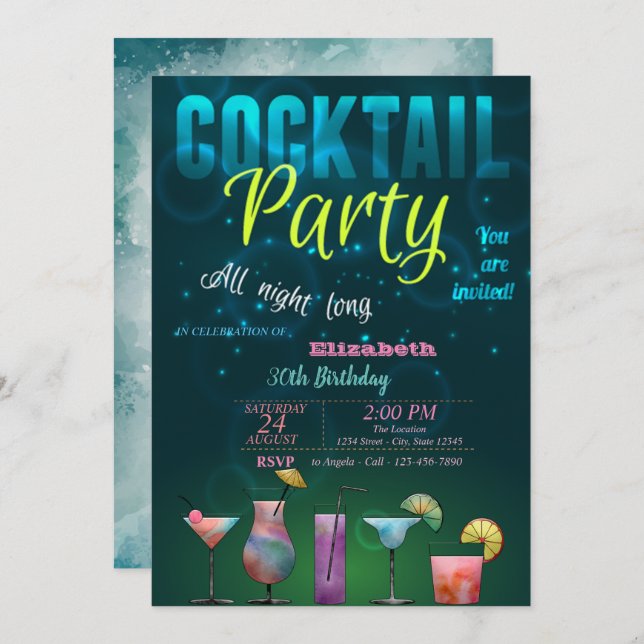 Summer, Cocktail, Pool Birthday Party Invitation (Front/Back)