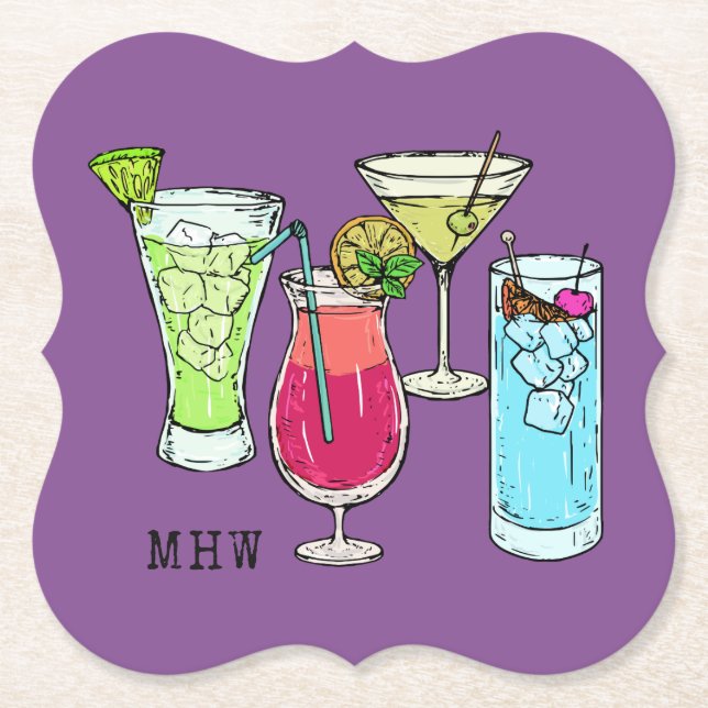 Summer Cocktails custom monogram paper coasters (Front)