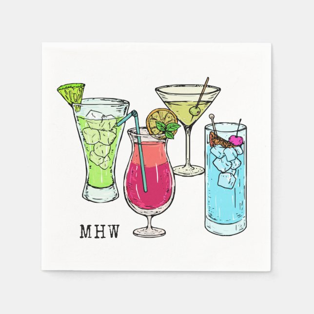 Summer Cocktails custom monogram paper napkins (Front)