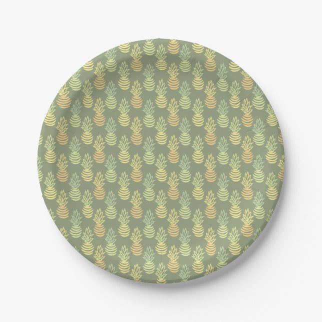 Summer colourful pineapple fruit green pattern paper plate (Front)