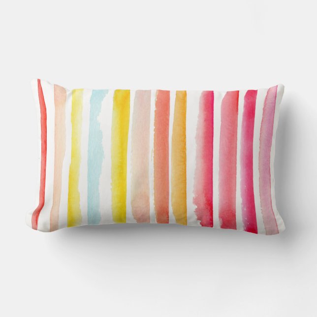 Summer colourful striped watercolor lumbar cushion (Front)