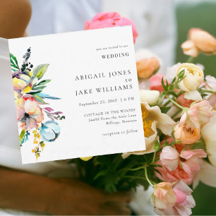 Summer Colourful Watercolor Floral Square Wedding Invitation