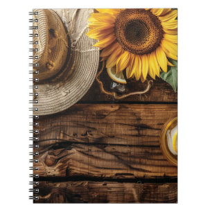 Summer comcept with a straw hat and sunflowers notebook