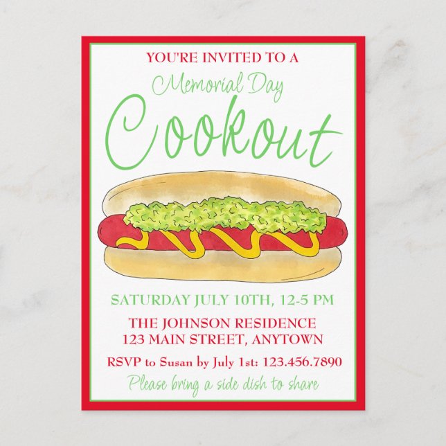 Summer Cookout Picnic Maine Red Snapper Hotdog ME Invitation Postcard (Front)