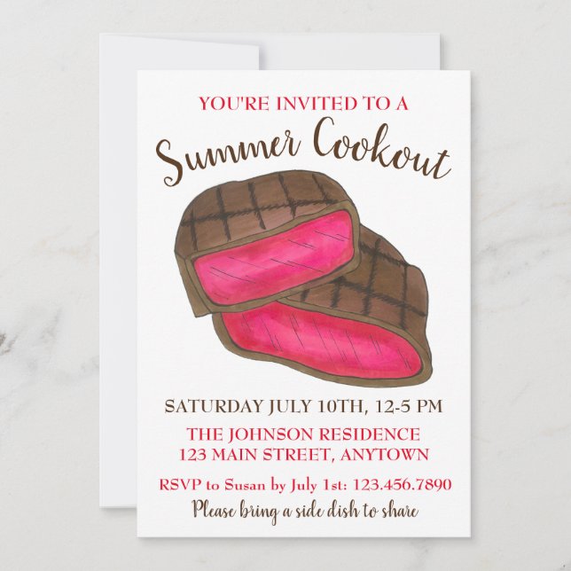 Summer Cookout Picnic Rare Steak Grilled Meat Invitation (Front)