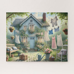 Summer Cottage Garden Vintage Whimsical Wash Day Jigsaw Puzzle
