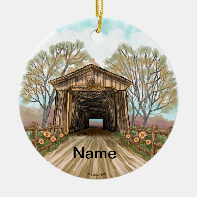 Summer Covered Bridge Ceramic Tree Decoration (Front)