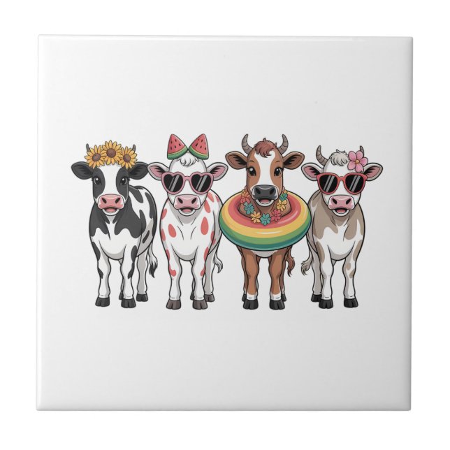 Summer Cows PNG, Beach Farm Ceramic Tile (Front)