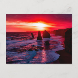 Summer Crimson Sunset Sky Vibrant Rocky Beach Postcard