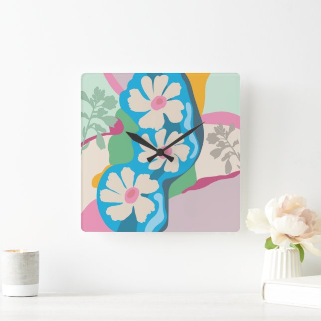 Summer Daisies Colour Blocks Modern Floral  Square Wall Clock (Home)