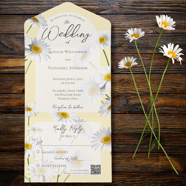 Summer Daisies on Sage Green QR Code All In One Invitation (Creator Uploaded)