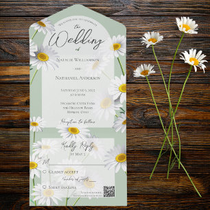 Summer Daisies on Sage Green QR Code All In One Invitation