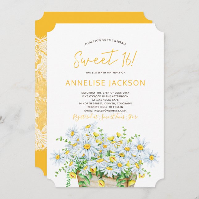 Summer daisies yellow and white lace sweet sixteen invitation (Front/Back)