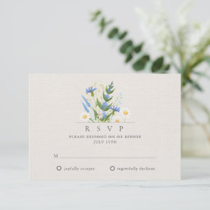 Summer Daisy Blue Floral Botanical Wedding RSVP Card