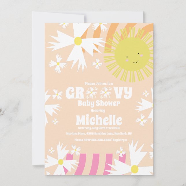 Summer Daisy Groovy Sun Rainbow Baby Shower  Invitation (Front)