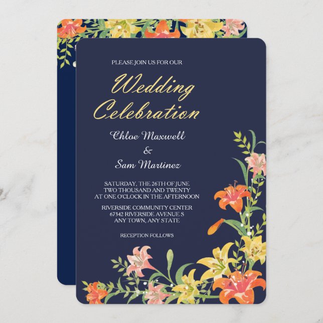 Summer Daylilies on Navy Blue Wedding Invitation (Front/Back)