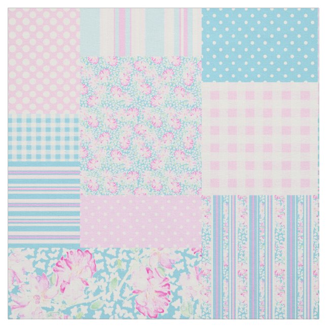 Summer Days Pink Roses Faux Patchwork Pattern Fabric (Swatch)