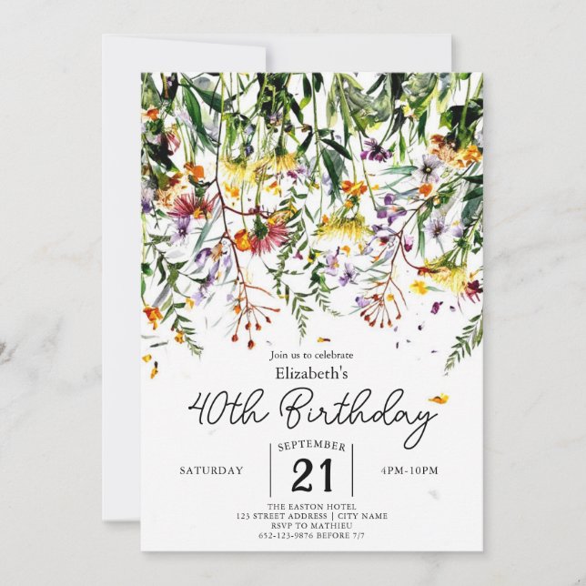 Summer Delicate Wildflowers 40th birthday Invitation (Front)