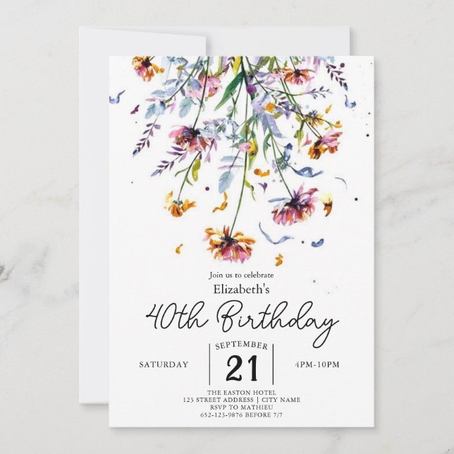 Summer Delicate Wildflowers 40th birthday Invitation (Front)