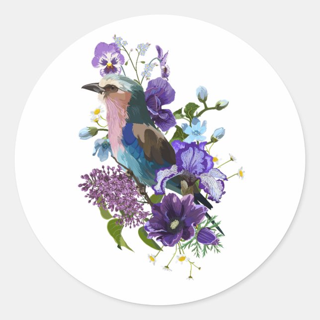 Summer design with bird and violet flowers. classic round sticker (Front)