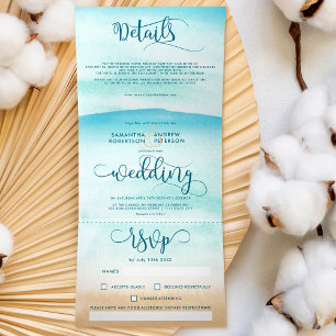 Summer destination beach chic wedding script Tri- Tri-Fold Invitation