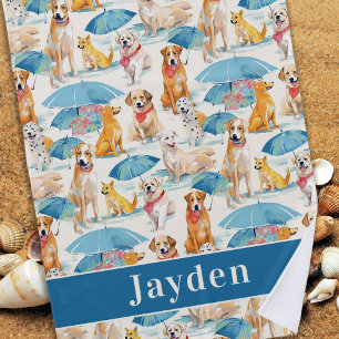 Summer Dogs Colourful Pattern Personalised  Beach Towel
