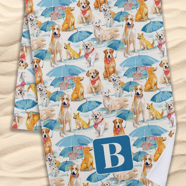 Summer Dogs Colourful Personalised Monogram Patter Beach Towel (Creator Uploaded)
