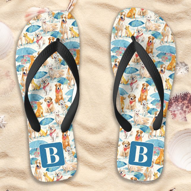 Summer Dogs Colourful Personalised Monogram Patter Thongs (Creator Uploaded)