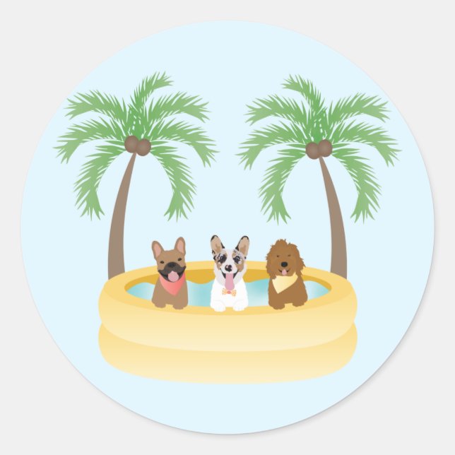 Summer Dogs Swimming Pool Classic Round Sticker (Front)