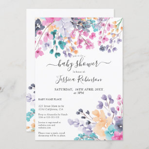 Summer dried flowers floral watercolor baby shower invitation