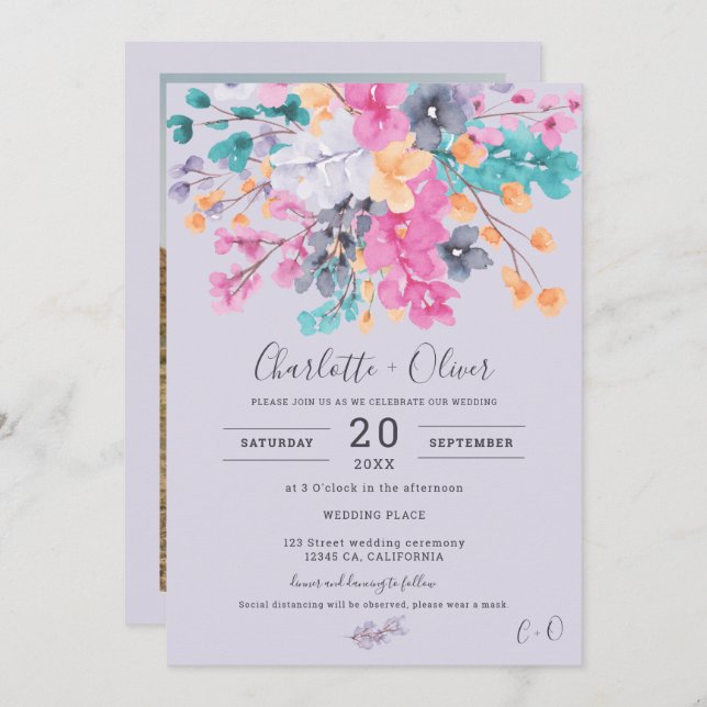 Summer dried wild floral watercolor photo wedding  invitation (Front/Back)