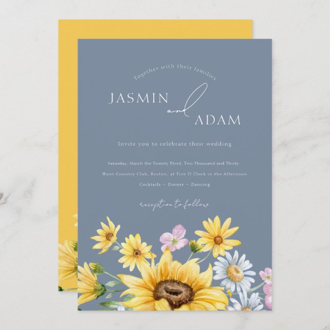 Summer Dusty Blue Yellow Sunflowers Floral Wedding Invitation (Front/Back)