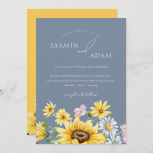 Summer Dusty Blue Yellow Sunflowers Floral Wedding Invitation