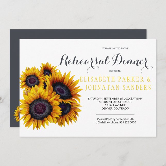 Summer Elegant Yellow Sunflowers Rehearsal Dinner Invitation (Front/Back)