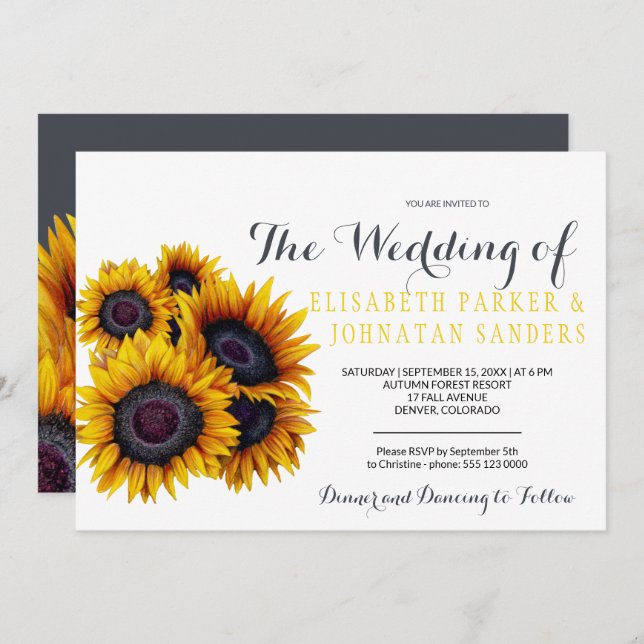 Summer Elegant Yellow Sunflowers Wedding Invitation (Front/Back)