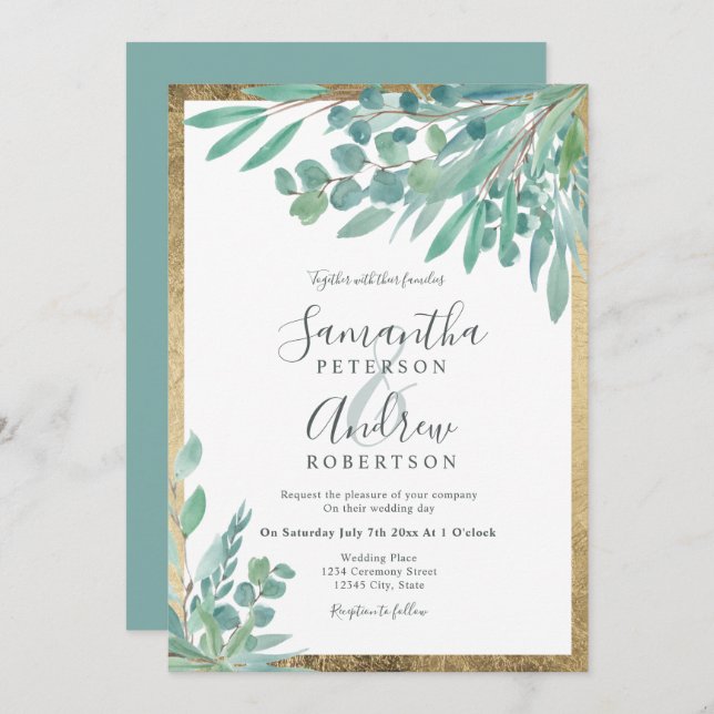 Summer Eucalyptus floral watercolor gold wedding Invitation (Front/Back)