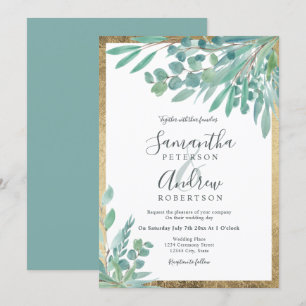 Summer Eucalyptus floral watercolor gold wedding Invitation
