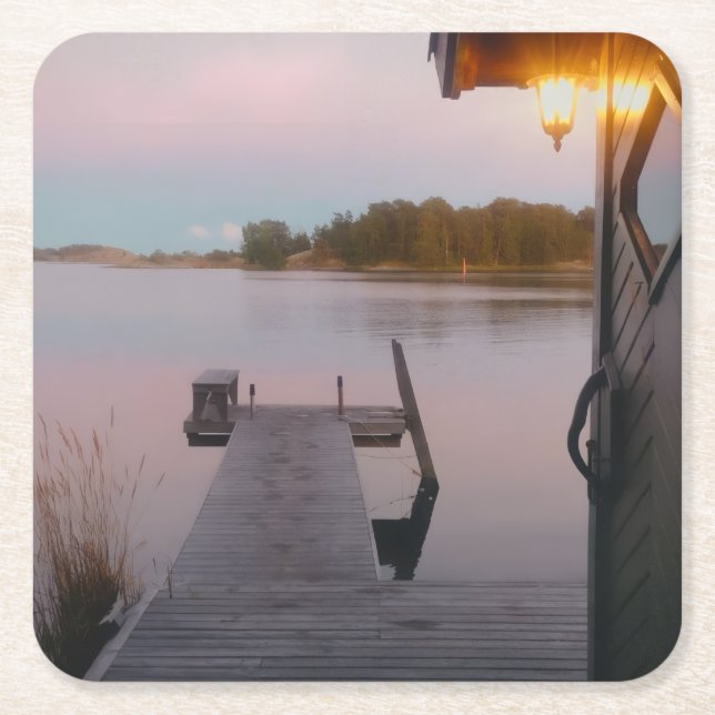 Summer evening in the swedish archipelago square paper coaster (Front)