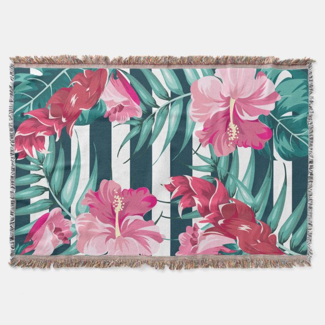 Summer Exotic Flowers Pink striped Throw Blanket (Front)