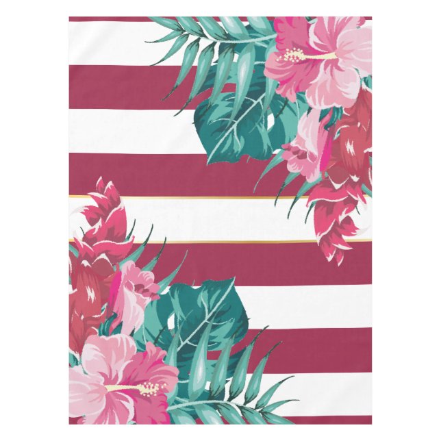 Summer Exotic Flowers striped Burgundy Tablecloth (Front)