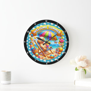 Summer Featuring  Beach Scene Relaxing Puppy Large Clock